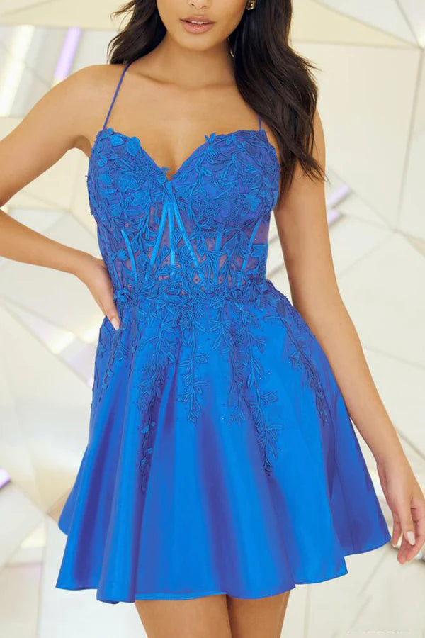 A line Sweetheart Lace Sticker Illusion waist blue Short Homecoming Dress